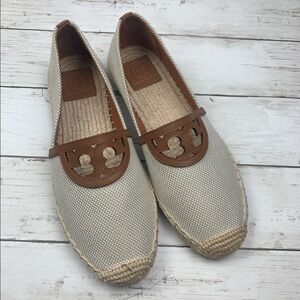Tory Burch Sidney Flats Espadrille Slip On Logo Leather Brown Tan New 8 1/2